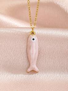 1pc 3-Color Cute Enamel Fish Pendant Necklace, Delicate Gold Chain Summer Beach Vacation Necklace, Lightweight Daily Fashion Jewelry Gift For Girls - Multicolor - View 2