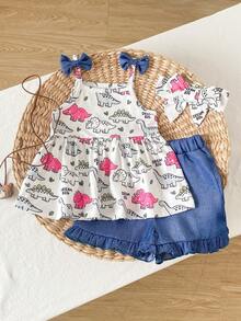 3件套女婴夏季可爱恐龙印花背带连体衣、短裤和发带套装 - 彩色 - 查看 1