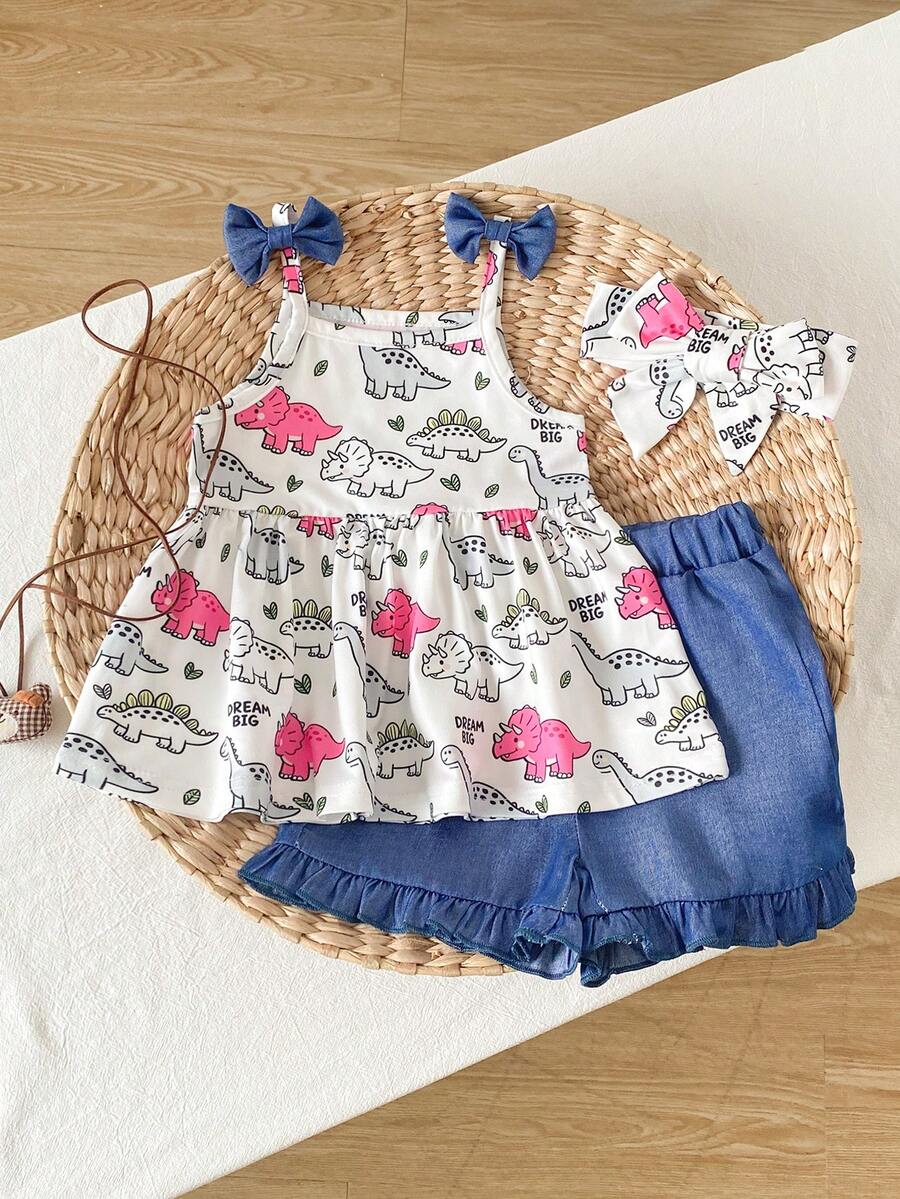 3件套女婴夏季可爱恐龙印花背带连体衣、短裤和发带套装 - 彩色 - 查看 1