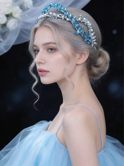 Băng đô cài tóc cô dâu đính pha lê xanh bạc lấp lánh, hình lá và ngọc trai thủ công, phụ kiện tóc cưới lãng mạn dành cho phụ nữ và bé gái.
