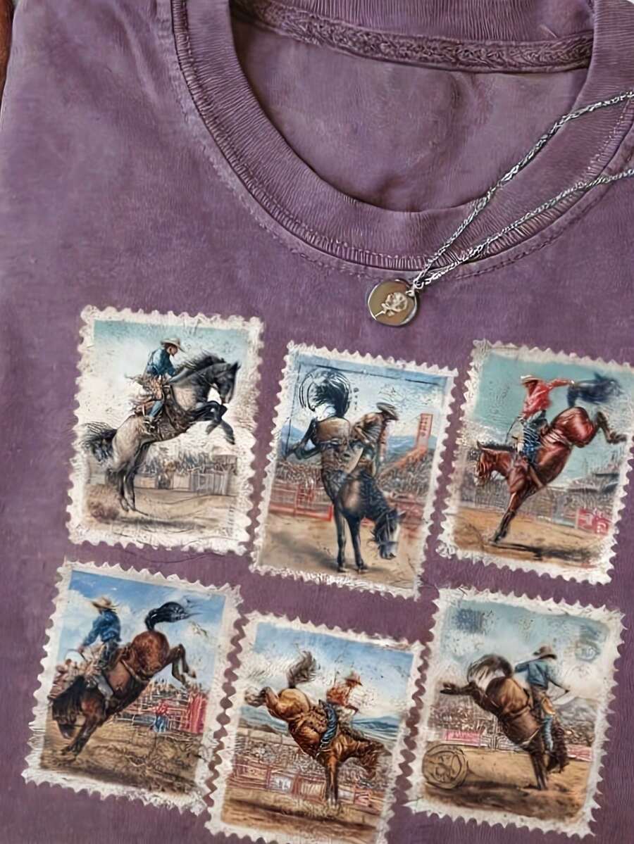 Summer Tops2026Washed Women's T-Shirt, Rodeo T-Shirt, Wild Horse Western Cowboy Shirt, Vintage Rodeo Stamp T-Shirt, Comfortable Street  Style, Autumn Shirt, Casual Street Style T-Shirt, Local Warehousesummer Clothes Washed Cotton - Màu tím - Xem 1