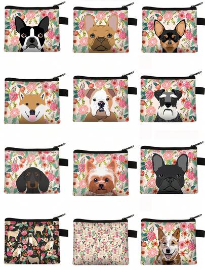1PC Cute Dog Animal Print Coin Purse, Polyester Card Holder, Simple Fashion Square Change Storage Bag