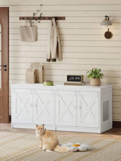 HaluPeit Cat Litter Box Enclosure For 2 Cats, Hidden Litter Box Furniture Cabinet, Indoor Cat House, Farmhouse Style, 119 X 48 X 53.5 Cm, White
