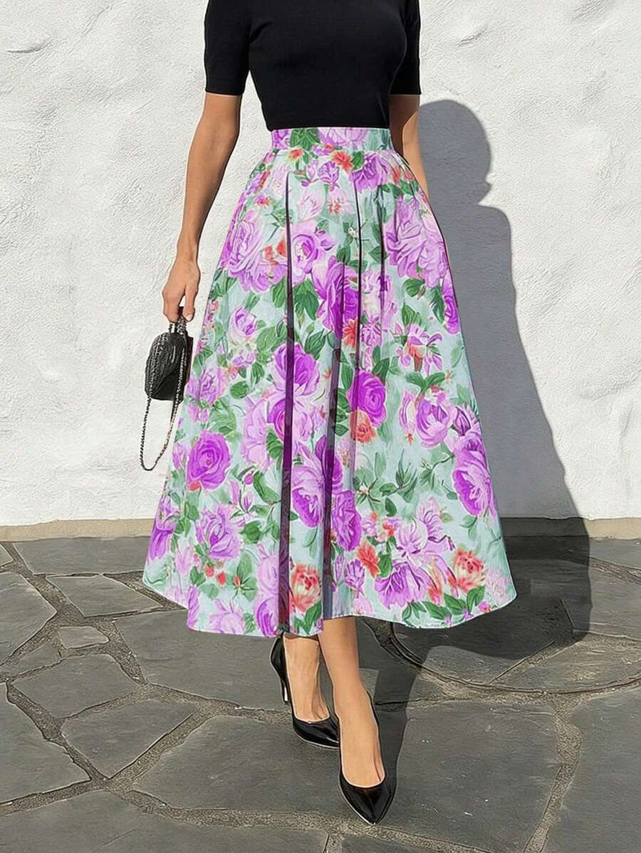 Floral Print A-Line Skirt, Elegant For Commuting And Vacation, Elastic Waistband, Spring/Summer - Purple - View 1