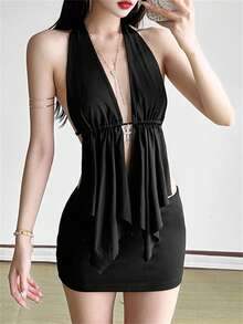 Áo hai dây Kliou Hot Girl dành cho nữ, hở lưng, cổ chữ V sâu, gợi cảm, không tay, thích hợp mặc đi club, đi biển, nghỉ mát, dự tiệc, màu đen. - màu đen - Xem 6