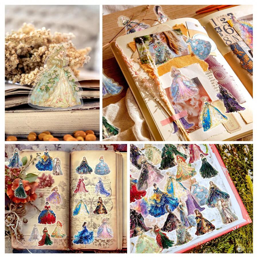 30pcs Princess Dress Series Stickers, Gold Foil Laser Decorative Stickers For Scrapbooking, DIY Crafts, Creative Stickers - Multicolor - View 1