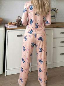 Disney 两件套印花弹力柔软休闲家居服套装，长款T恤和长裤，适合春秋季穿着。 - 淺粉色 - 查看 5