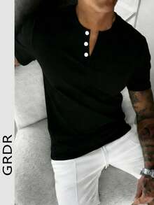 GRDR 1pc Men's V-Neck Casual Short Sleeve T-Shirt, Business Style, Summer New Arrival - Black - View 1