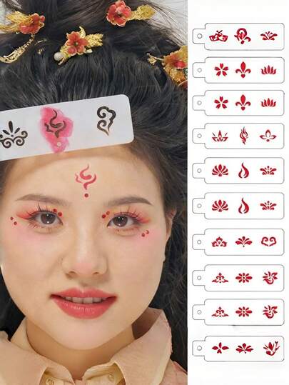 1 Set Chinese Style Hollow Flower Eyebrow Stamp, Vintage Hand-Painted Forehead Stamp, Stage Makeup Drawing Board. Suitable For Parties, School Events, Dates, Shopping And Various Occasions.