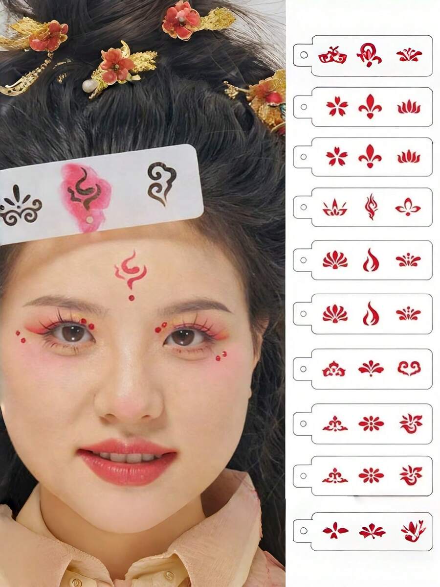 Bộ 1 khuôn dập lông mày hình hoa rỗng kiểu Trung Quốc, khuôn dập trán vẽ tay cổ điển, bảng vẽ trang điểm sân khấu. Thích hợp cho các bữa tiệc, sự kiện trường học, hẹn hò, mua sắm và nhiều dịp khác. - Nhiều màu - Xem 1