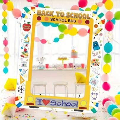 إطار صور بتصميم حافلة مدرسية، مزين بأيقونات ملونة للمدرسة، كتب، أقلام، تفاح، ديكور الفصل الدراسي، لوازم حفلة العودة إلى المدرسة
