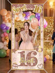 1个巨型甜美16岁生日派对相框 - 玫瑰金闪光装饰16岁生日派对背景，适用于自拍区、甜品桌装饰和生日相册 - 彩色 - 查看 6