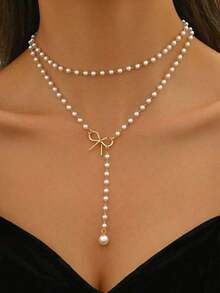 2pcs/Set Romantic Faux Pearl Bowknot Y-Necklace, Fashion Jewelry Gift For Women, Suitable For Daily Wear And Party, Adjustable Length, Handmade, Great Mother's Day Gift - 彩色 - 查看 1