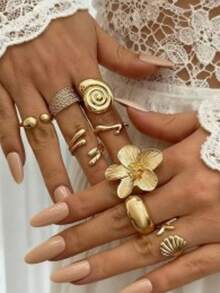 Set de 8 anillos apilables con textura de conchas marinas y flores vintage, estilo europeo y americano exclusivo para vacaciones de mujeres - Estrella de mar flor 8 piezas - Ver 1