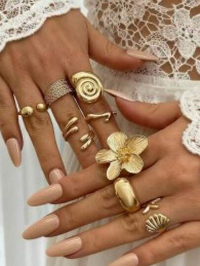 8pcs Vintage Textured Seashell & Flower Stacking Rings Set, Niche European And American Style Vacation Rings For Women