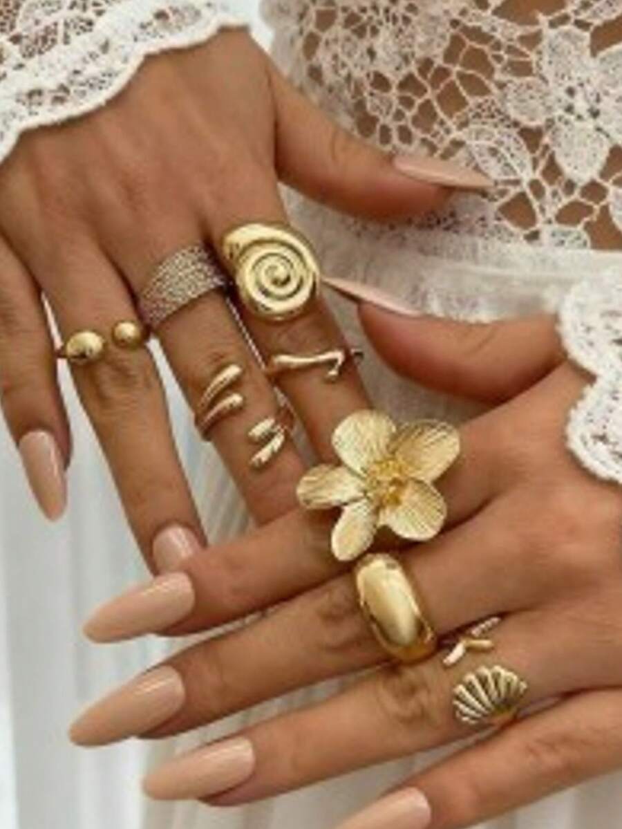 Set de 8 anillos apilables con textura de conchas marinas y flores vintage, estilo europeo y americano exclusivo para vacaciones de mujeres - Estrella de mar flor 8 piezas - Ver 1