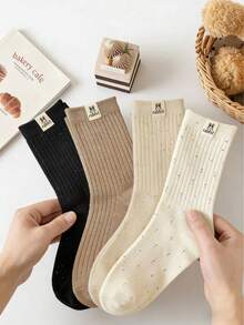 4 Pairs Random Brown Tone Socks, Korean Style Polka Dot Sheer Rabbit Cartoon Casual Mid-Calf Socks, Versatile - Multicolor - View 1