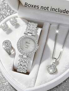 5pcs Luxury Women's Quartz Watch Set, Including Diamond Quartz Watch, Square Diamond Necklace, Square Diamond Ring, Square Diamond Earrings And Other Glamorous Jewelry Accessories - Silver - View 7