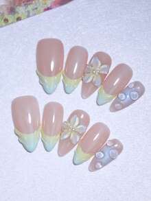 10 piezas de uñas postizas de estilo francés con diseño de flores y conchas talladas a mano en color amarillo lechoso y azul degradado. Uñas 100% hechas a mano, decoración de uñas reutilizable - Multicolor - Ver 2
