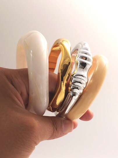 4pcs/Set Retro Exaggerated Personalized Wide Face Resin Asymmetric Bracelet, Suitable For Daily And Holiday Wear, Bohemian Style Women Bangle (Handmade Dyed, Presenting Marble Texture Effect)