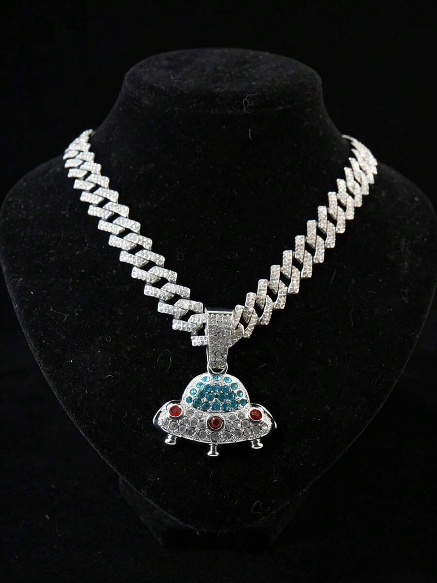 1件装时尚嘻哈UFO吊坠项链，男士镶钻链，闪亮饰品，适合日常和派对佩戴 - UFO吊墜項鍊 - 查看 1