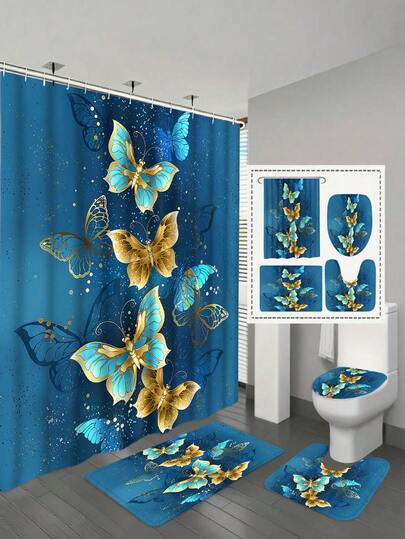 1/4 件套防水涤纶浴室帘套装 - 12 个挂钩、防滑垫、U 型地垫、圆形马桶盖 - 适用于全套浴室场景