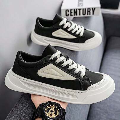 (Runs One Size Small) Men's Classic White And Black Color-Blocked Casual Skate Shoes, Outdoor Korean Style Daily Height-Increasing Walking Sports Shoes