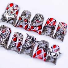 Punk Edgy Short Duck Bill Press On Nails 10pcs Red Black Plaid Base 3D Chains Hearts Angels Bats Metal Accents Handmade Acrylic Reusable High-Gloss Perfect For Club Nights And Halloween Parties Bold Styling Edgy Vibe Cool Gift For Fashion-Forward Enthusiasts Summer Easter - 彩色 - 查看 10