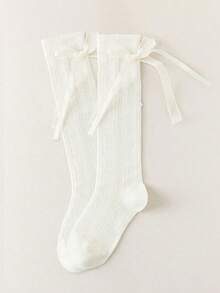 1双白色大蝴蝶结女童过膝袜，透气网眼春夏保暖袜 - 彩色 - 查看 9
