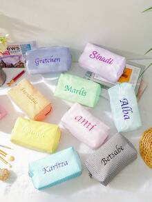 1pc Customized Embroidered Minimalist Square Cosmetic Bag, Makeup Bag, Skincare Pouch, Travel Organizer, Essential For Travel, Cruise, Dorm, Bridesmaid Gift, Mother's Gift, Birthday Gift, Friend & Teacher Gift, Home Decor, Bathroom, Bedroom, Jewelry, Lipstick, Nail Polish Storage - Multicolor - View 5