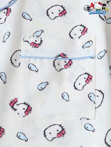 SANRIO 女士睡衣套装，包括鱼纹短袖口袋上衣和蝴蝶结短裤，休闲家居服 - 白色 - 查看 5