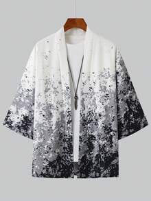 Ink Gradient Tiger Print 3/4 Sleeve Robe, Loose Fit Casual Sunscreen Cardigan For Men - White - View 4