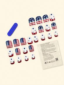 24pcs Press On Nails Short Squoval French Nails Y2k White Nails American Flag Style Reusable Press On Acrylic Nails Fake Nails Supplies Free Of 24 Pieces Of Jelly Tabs And A Mini File - Blue and White - View 2