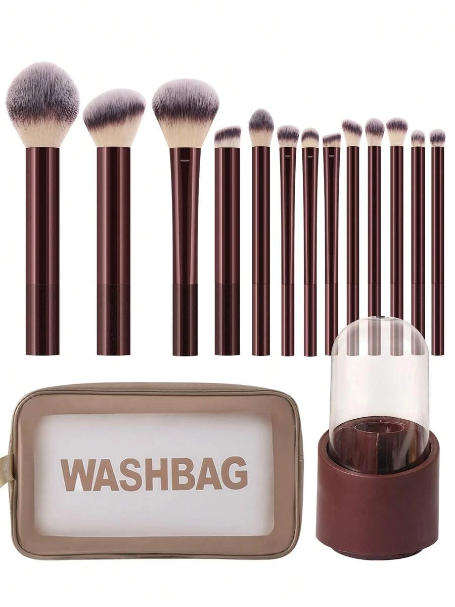 15 Piece Makeup Tool Set Includes: 13 Makeup Brush Sets+1 Multi-Functional Zipper Toiletries And Makeup Bag Waterproof+1 Storage Bin - Brown - View 1