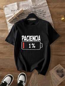 Women's T-Shirt With A Red Battery Icon Indicating 1% Battery Level, Casual Style, Round Neck And Short Sleeves, Suitable For Spring, Summer, Autumn, Back To School, Etc. - Black - View 3