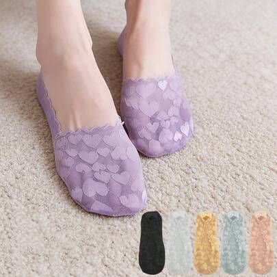 chuanwa（2） 1/5/10 Pairs Of Women's Summer Solid Color Lightweight Invisible Anti Odor And Sweat Absorbing Lightweight Heart Lace Socks