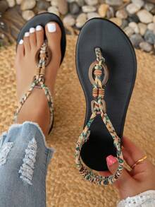 Sandalias de chanclas tejidas retro para mujer, zapatos planos de estilo bohemio para uso diario y al aire libre - Albaricoque - Ver 5