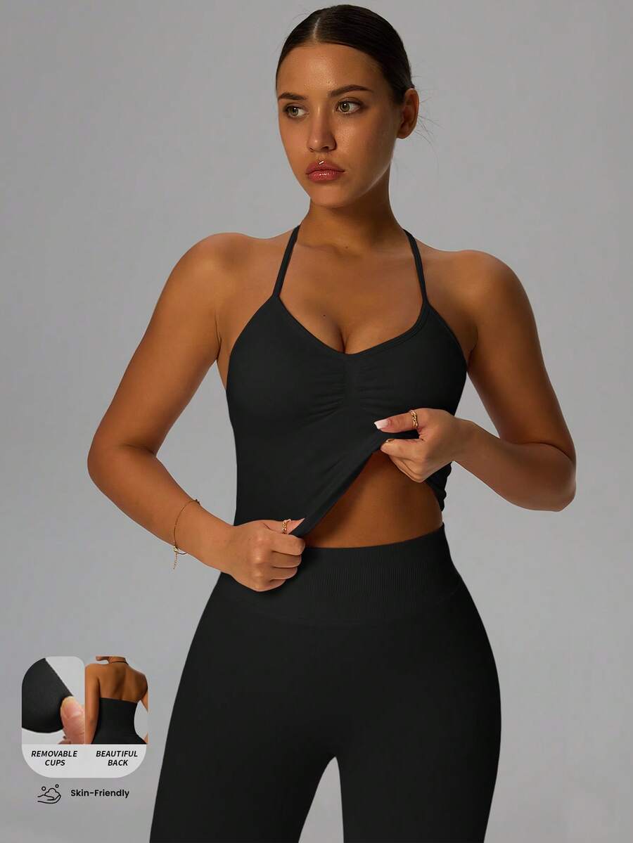 Yefecy New Impact Sports Yoga Tank Top, Women Fitness Yoga Shirt, Sports Wear, Backless Ruched Built-In Bra Crop Top Black Spring - màu đen - Xem 1