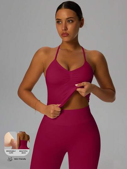 Yefecy New Impact Sports Yoga Tank Top, Women Fitness Yoga Shirt, Sports Wear, Backless Pleated Built-In Bra Cup Top Spring
