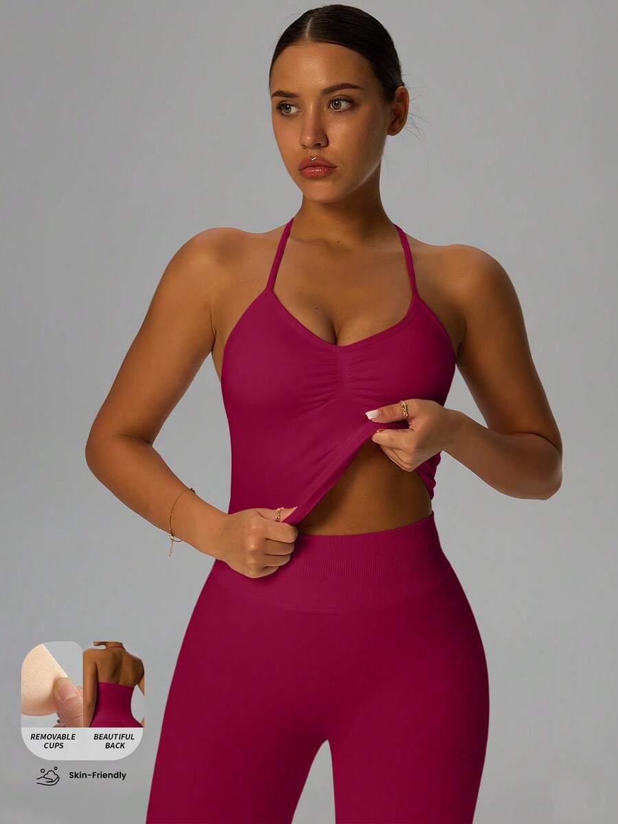 Yefecy New Impact Sports Yoga Tank Top, Women Fitness Yoga Shirt, Sports Wear, Backless Pleated Built-In Bra Cup Top Spring - Màu Đỏ Sâu - Xem 1