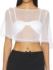 Women Sheer Hooded Poncho Shawl Lace Trim Off-the-Shoulder Mesh Flowy Tops Loose Crop Shrug Blouses Beach Cover Up - Blanco - Ver 2