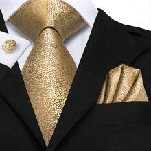 男士金棕色领带套装，含口袋巾、袖扣和胸花，优雅正装领带，适合正式场合。 - 芥末黃 - 查看 2