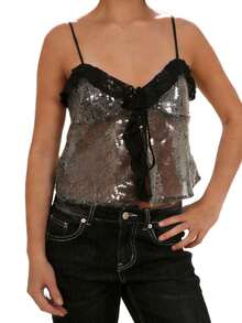 Camiseta sin mangas para mujer, elegante, con lentejuelas, escote en V y tirantes finos. - Negro - Ver 4