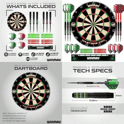 Darts - Masters Pro Premium Bristle Dartboard Set - Includes Dart Board Darts Flights Shafts And Oche Strip - Professional Steel Tip Darts And Dart Board For Adults