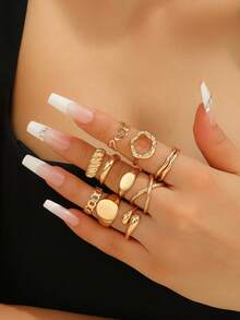 10pcs Gold-Tone Minimalist Rings, Suitable For Women's Daily Wear And Parties, Jewelry Gift, Summer Accessories - Yellow Gold - View 1