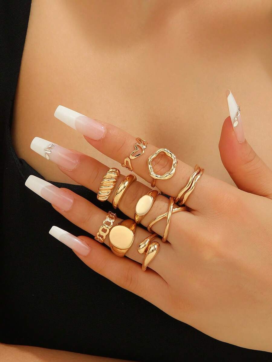 10pcs Gold-Tone Minimalist Rings, Suitable For Women's Daily Wear And Parties, Jewelry Gift, Summer Accessories - Yellow Gold - View 1