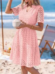 Women's Summer Dress V-Neck Hollow Eyelet Ruffle A-Line Hem Elegant Short Casual Wedding Graduation Travel Beach Holiday Vacation Pink Easter Dresses For Women - Hồng - Xem 4
