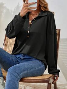 Women's Solid Color Drop Shoulder Long Sleeve Button Half Placket Casual Loose T-Shirt, Spring,Workout Tops,Summer Tops,Summer Outfits For Women,Summer Clothes,Beachwear,Vacation Outfits Women,Vacation Essentials - màu đen - Xem 4