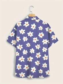 White Daisies With Orange Centers Symbolizing Joyful Energy And Summer Freedom Printed On Vibrant Blue Background 3D Floral Casual Short Sleeve Men's Shirt - 白色 - 查看 3
