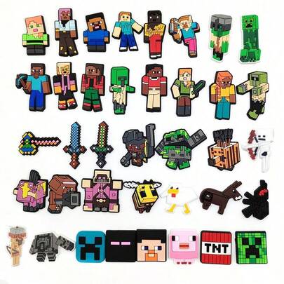 Minecraft 5个/10个/18个新款我的世界像素战斗游戏主题饰品，鞋花，鞋饰，鞋扣，个性化软橡胶鞋配件，PVC软橡胶鞋扣，DIY鞋花，鞋饰